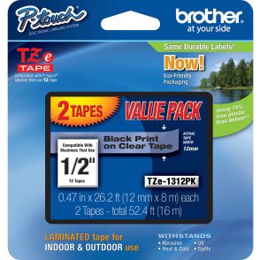 Brother 1/2" Black/Clear Laminated TZe Tape Value Pack
