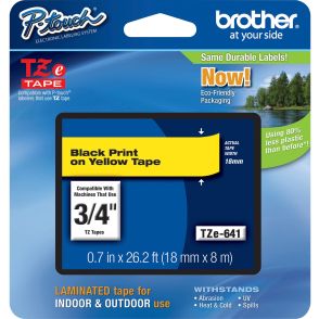 Brother P-Touch TZe Flat Surface Laminated Tape, 3/4" - Black Print on Yellow Tape